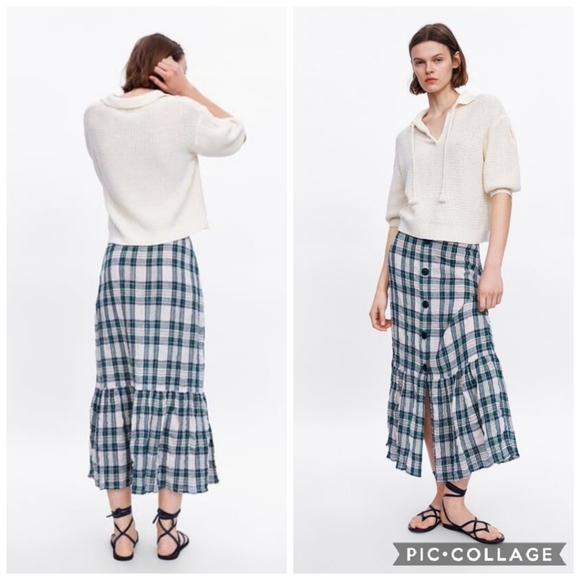 Zara | Plaid Check Ruffle Hem Midi Skirt - Picture 14 of 16